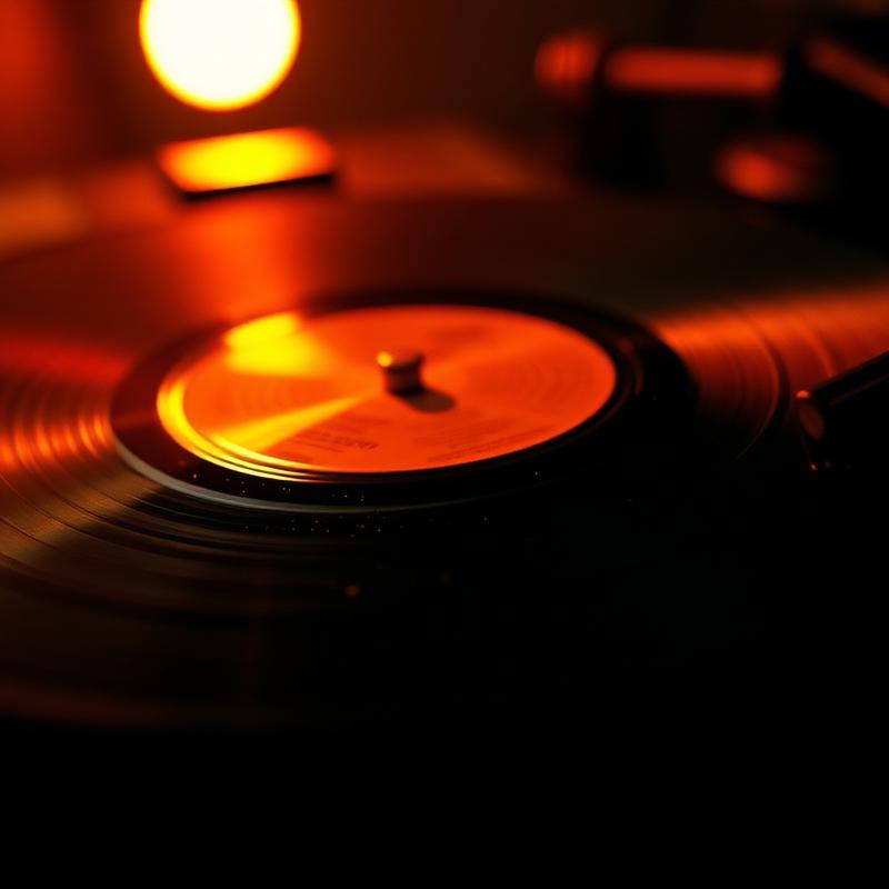 Vinyl record glowing under warm studio lights